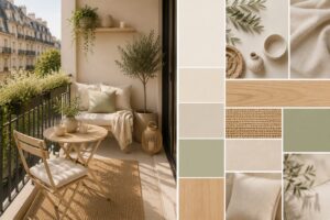 kleinen Balkon gestalten in hellen Naturfarben